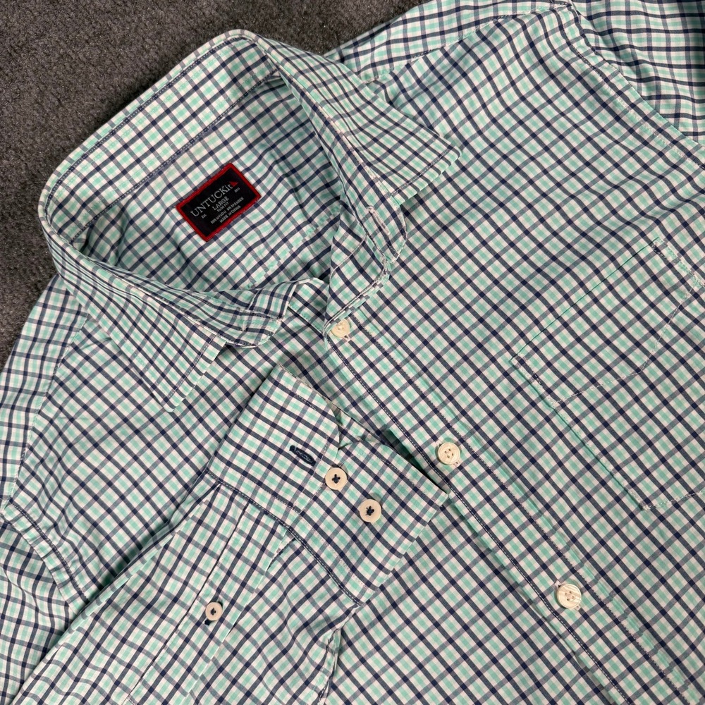 UNTUCKit Men Large Slim Fit Green Blue Plaid Performance Button Down Shirt #4247